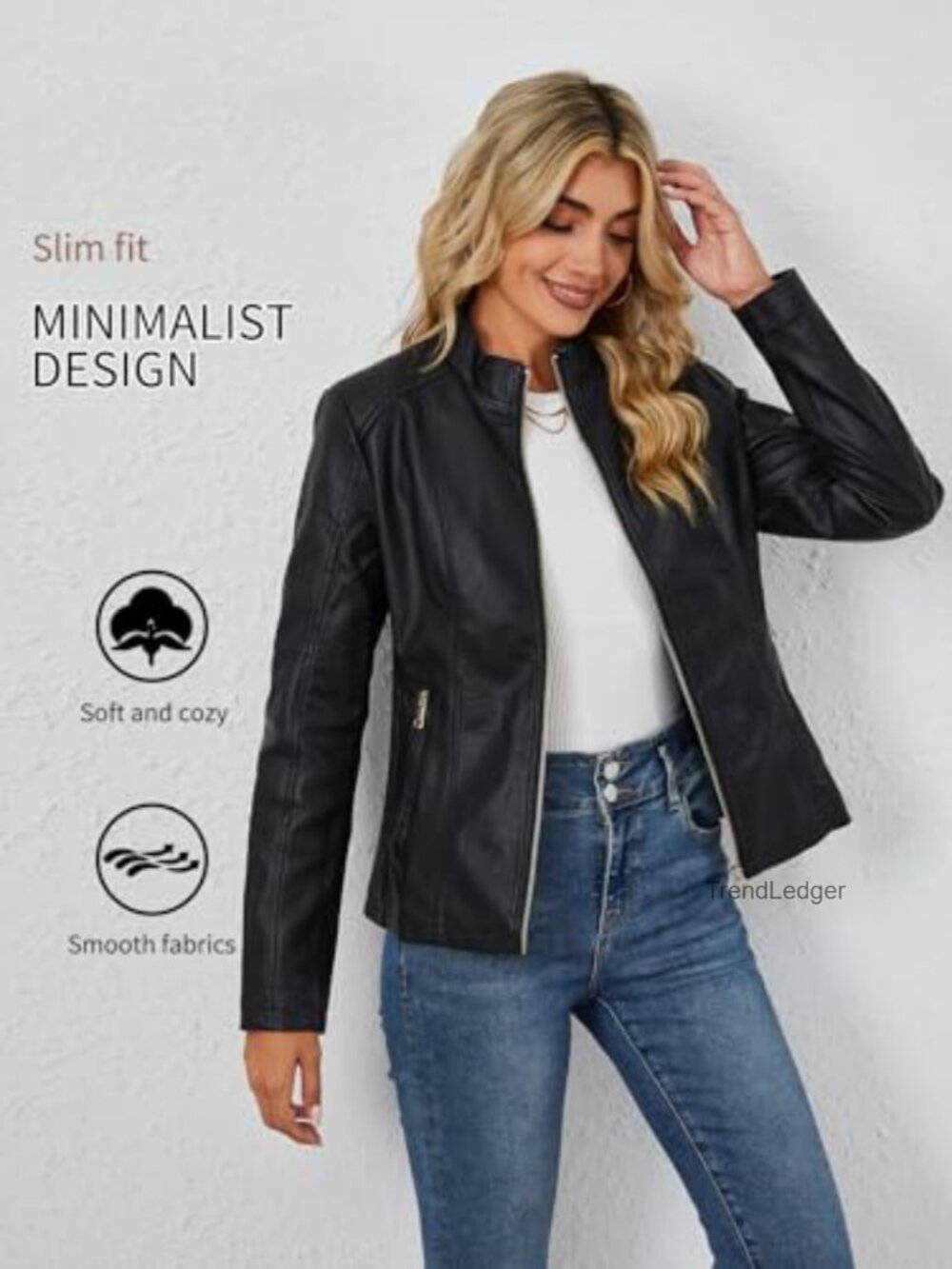 Women's Faux Leather Moto Jacket with Stand Collar & Pockets - Picture 4 of 7
